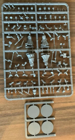 Plastic model parts on a tray with small round components on a wooden surface
