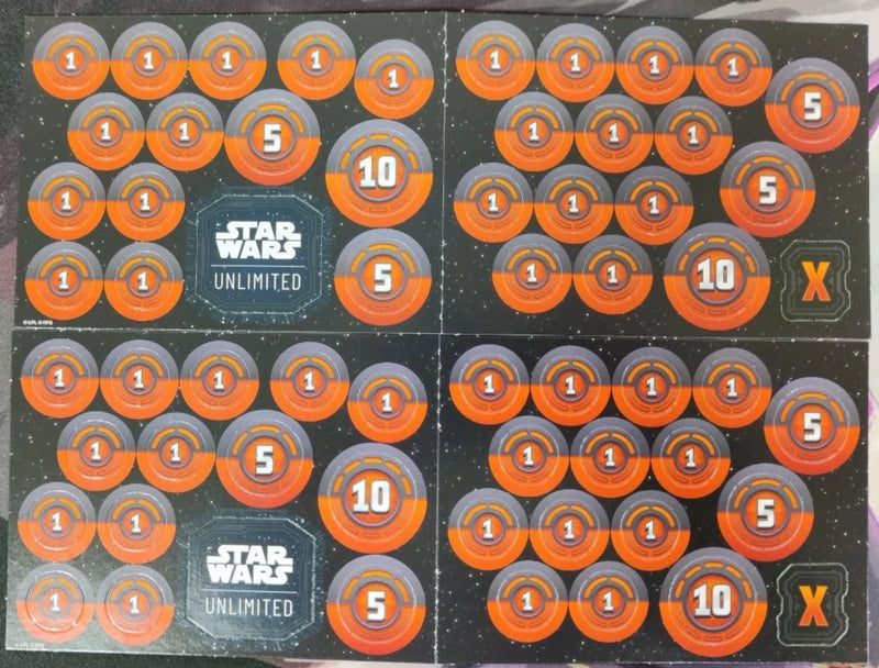 Star Wars Unlimited trading card token sheets with orange and gray tokens on a black background.