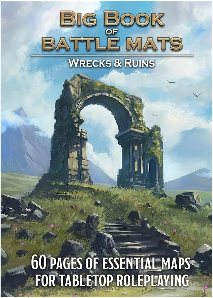Book cover of 'Big Book of Battle Mats: Wrecks & Ruins' with a ruins illustration on a grassy field.
