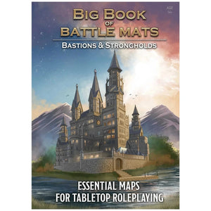 Book cover of 'Big Book of Battle Mats: Bastions & Strongholds' with a castle illustration on a mountainous background.