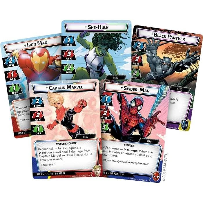 Collection of superhero trading cards featuring Iron Man, She-Hulk, Black Panther, Captain Marvel, and Spider-Man on a white background.
