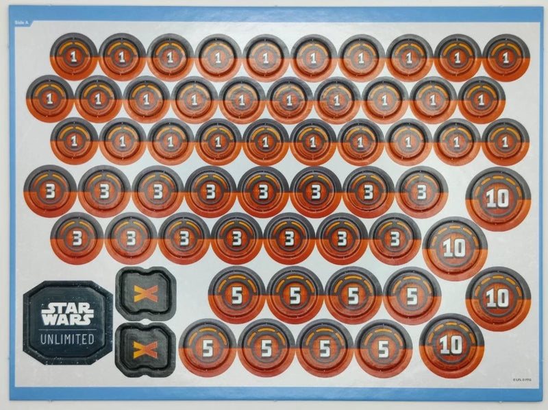 Collection of Star Wars Unlimited counters and tokens on a display sheet.