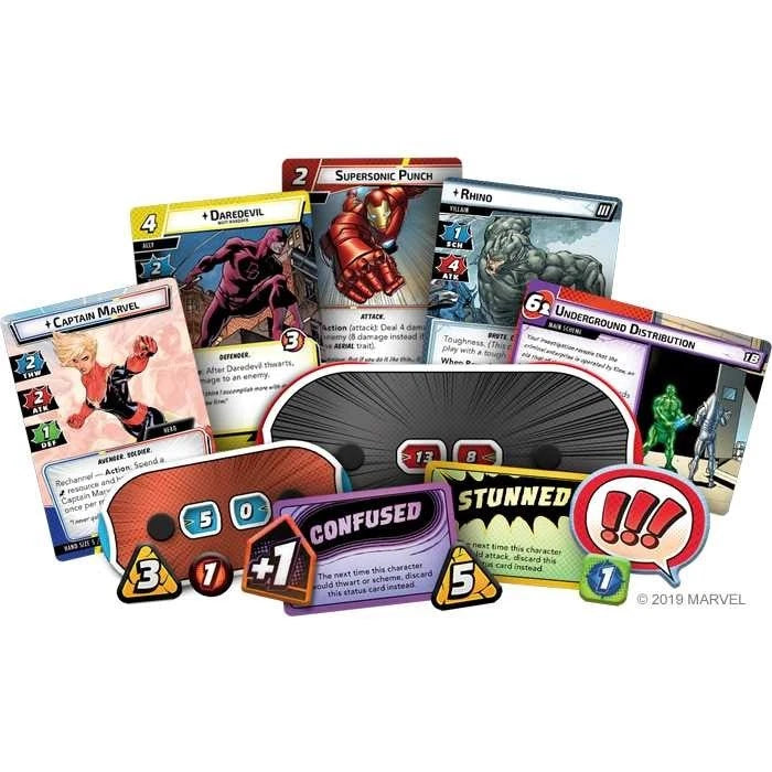 Collection of Marvel-themed trading cards and game pieces on a white background