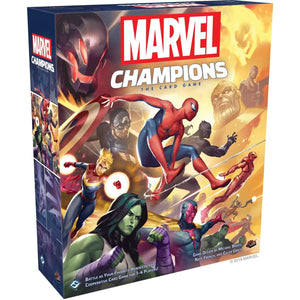 Marvel Champions: The Card Game board game box shown at a three-quarter angle against a plain white background, featuring colorful comic-style artwork of Marvel characters on the front and spine.