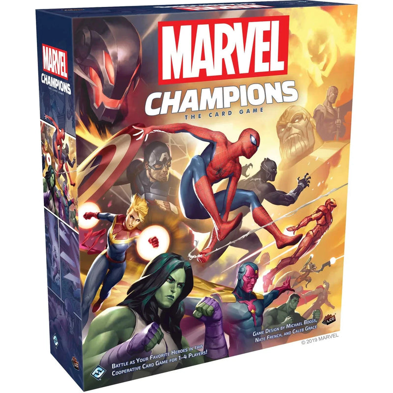 Marvel Champions: The Card Game board game box shown at a three-quarter angle against a plain white background, featuring colorful comic-style artwork of Marvel characters on the front and spine.