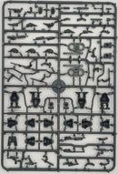 Plastic model kit tray with various miniature figures and accessories on a white background