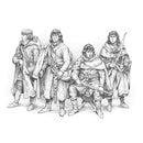 Black and white illustration of four medieval-style figures on a white background