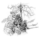 Black and white illustration of warriors with spears and armor on a white background