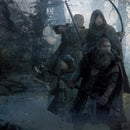 Four characters in medieval attire with weapons in a snowy forest setting