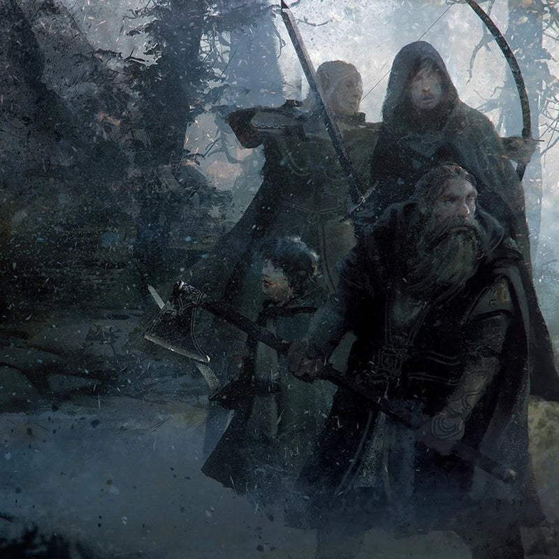 Four characters in medieval attire with weapons in a snowy forest setting
