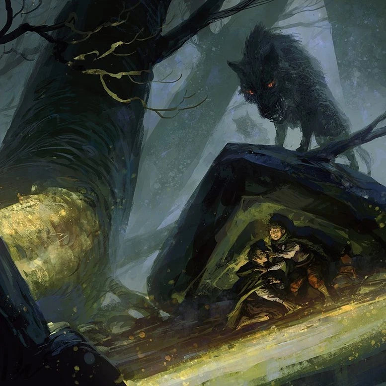 Two people hiding behind a stone wall from a wolf in a dark forest setting