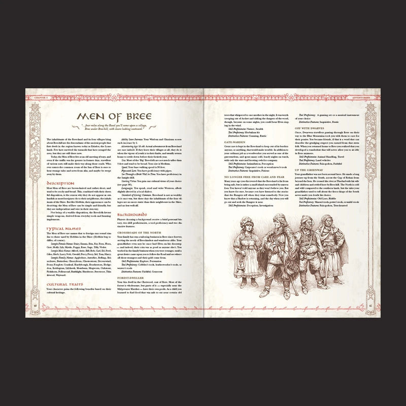 Open book showing text and illustration of 'Men of Bree' on a white background