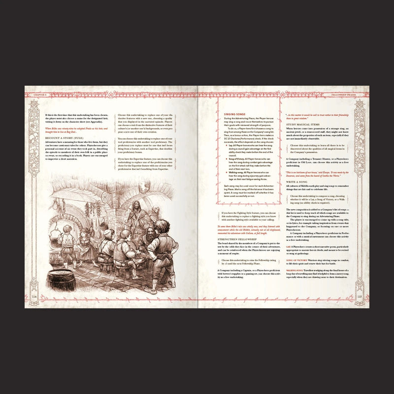 Open book with illustrations and text on a black background