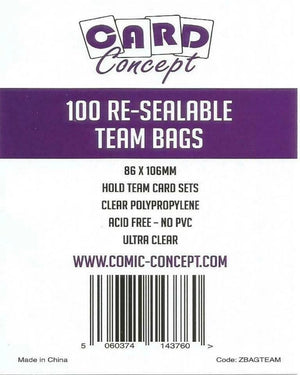 Card Concept re-sealable team bags packaging with product details on a white background