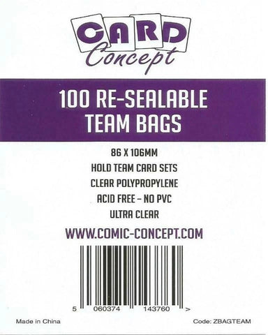 Card Concept re-sealable team bags packaging with product details on a white background