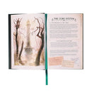 Open book with illustration of trees and a tower on one page, text on the other, on a white background.
