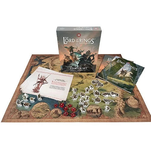 Lord of the Rings roleplaying game starter set with map and miniatures on a white background