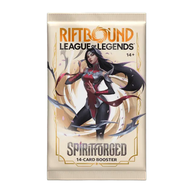Riftbound League of Legends Spiritforged 14-card booster pack on a white background