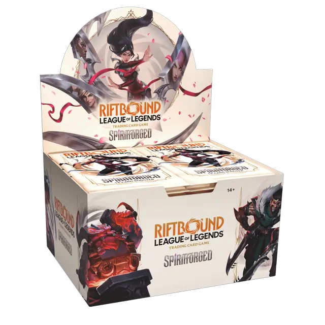 Riftbound League of Legends trading card game box with character illustrations on a white background
