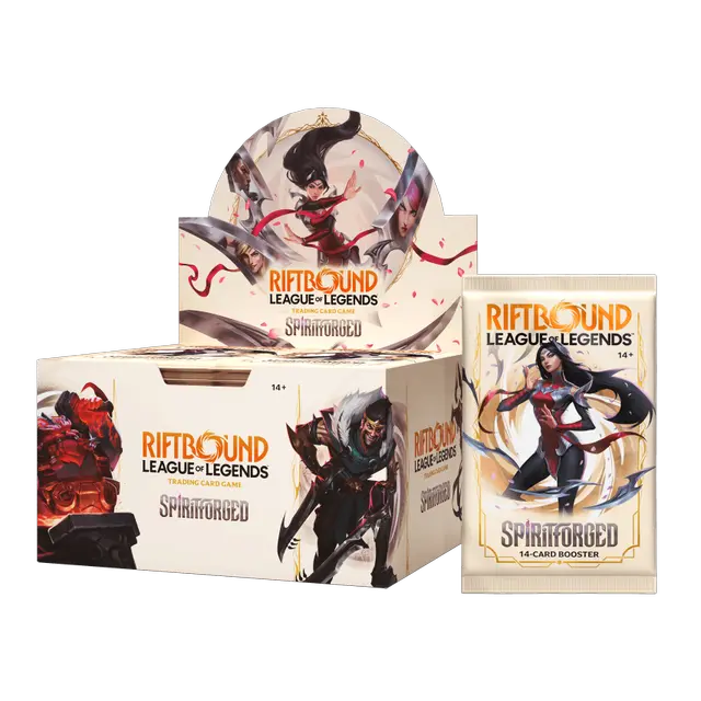 Riftbound League of Legends trading card game box with character illustrations on a white background