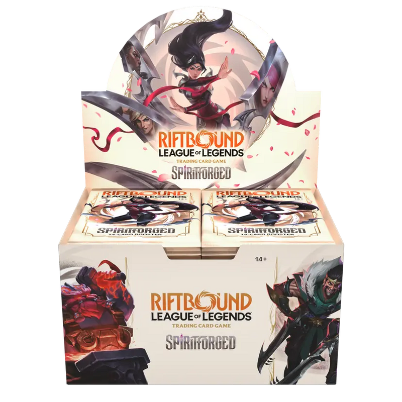 Riftbound League of Legends trading card game box with character illustrations on a white background