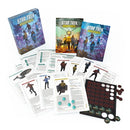 Star Trek Adventures game components including books, character cards, and dice on a white background