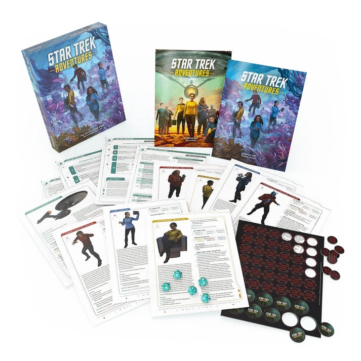 Star Trek Adventures game components including books, character cards, and dice on a white background
