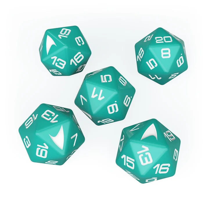 Five teal polyhedral dice with white numbers on a white background