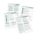 Four printed informational sheets fanned out on a white background, featuring dark teal and mint green headers, body text, and decorative borders.