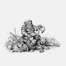 Black and white illustration of a warrior with defeated foes on a white background