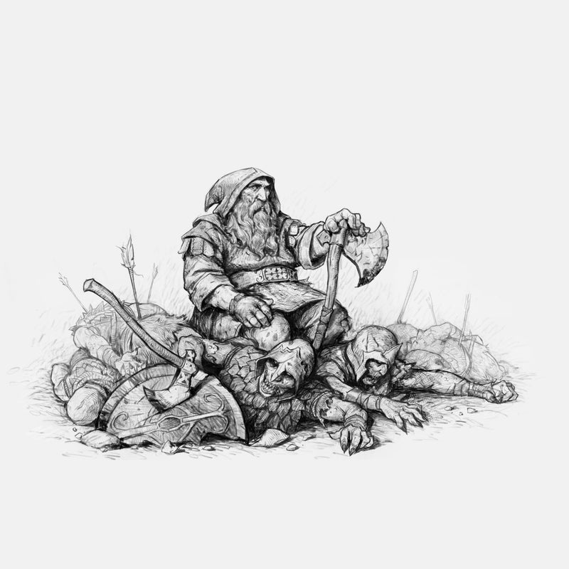 Black and white illustration of a warrior with defeated foes on a white background