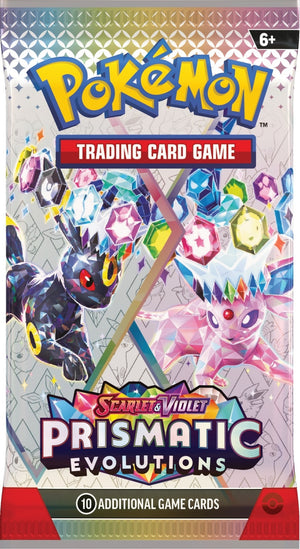 Pokemon Prismatic Evolutions booster pack packaging featuring Umbreon and Espeon