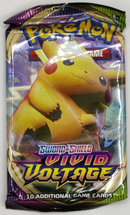 Pokémon trading card game pack featuring Pikachu with 'Sword & Shield' and 'Vivid Voltage' text.