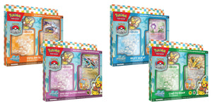 Four Pokemon trading card game packs on a white background