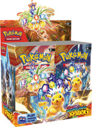 Pokémon Surging Sparks Booster Box packaging featuring multiple booster packs and set artwork.