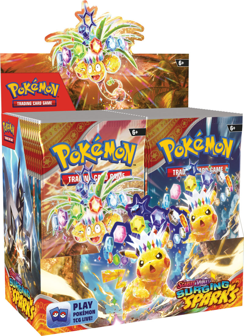 Pokémon Surging Sparks Booster Box packaging featuring multiple booster packs and set artwork.